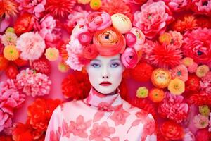 ai gerado mulher com colorida flores, Primavera conceito foto