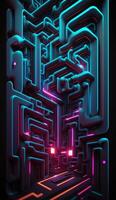 cyber o circuito futurista néon plano de fundo, motivo Labirinto techno papel de parede poster , generativo ai foto