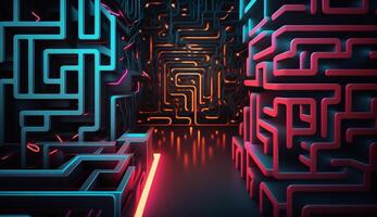 cyber o circuito futurista néon plano de fundo, motivo Labirinto techno papel de parede panorama , generativo ai foto