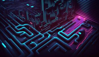 cyber o circuito futurista néon plano de fundo, motivo Labirinto techno papel de parede panorama , generativo ai foto