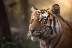 uma fechar acima do uma Bengala de tigre face dentro uma floresta. ai gerado foto