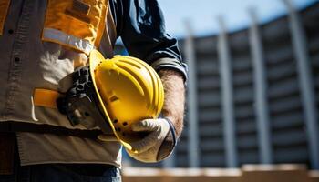 construção trabalhador segurando dele capacete e vestindo fluorescente colete enquanto olhando às construção local. ai gerado. foto
