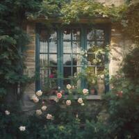 vintage janelas com aberto de madeira persianas e fresco flores .criada com generativo ai foto