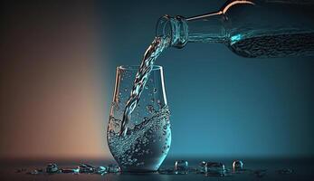 derramando água a partir de garrafa para dentro vidro em azul Preto fundo, generativo ai foto