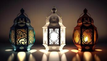 tradicional árabe lanternas aceso acima para a comemorar a piedosos mês do Ramadã, generativo ai foto