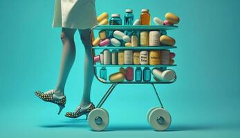 Comprar e compras remédio conceito. vários cápsulas, comprimidos e remédio dentro fazer compras carrinho em uma azul fundo, generativo ai foto