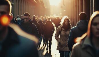 multidão do anônimo pessoas caminhando em pôr do sol dentro a cidade ruas, generativo ai foto