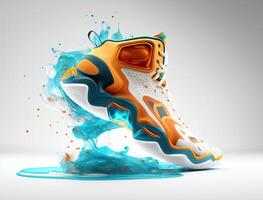 basquetebol futurista conceito, laranja e azul, líquido forma, comercial foto, generativo ai foto