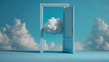 aberto porta com nuvem dentro a céu, 3d render ilustração ai gerado foto