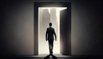 homem de negocios em pé dentro frente do aberto porta e olhando às arranha-céus ai gerado foto