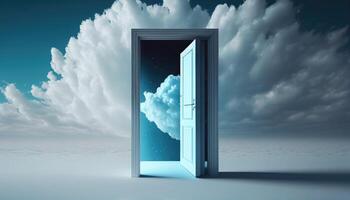 aberto porta dentro a céu com nuvens - 3d render ilustração. ai gerado foto