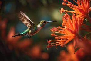 colori tropical pássaro e surreal flores a beija Flor moscas perto para flor. generativo ai foto