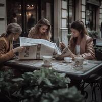 elegante senhoras com flores em café mesa generativo ai foto