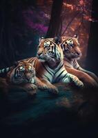 imagem do tigre família sentado juntos em da árvore ramo generativo ai foto