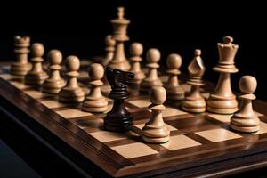 a clássico borda intelectual jogos do xadrez. jogos posições. de madeira figuras. ai gerado. foto
