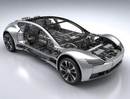 núcleo molhado inspirado carro com elétrico carregador, modular construção, prata e preto, cru e não polido, maior ângulo visualizar. generativo ai foto