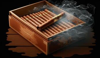 realista ilustração do charuto cigarros dentro uma clássico de madeira caixa com fumaça efeito, generativo ai foto