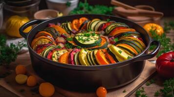 tigela com Ratatouille, saudável Comida com legumes generativo ai foto