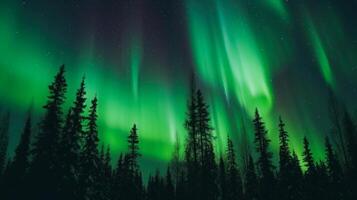verde aurora boreal dentro norte luz florestas árvores e céu panorama generativo ai foto