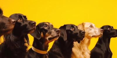 grupo sentado cachorros em amarelo fundo generativo ai foto