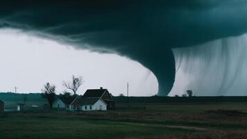 uma Sombrio nuvem com uma tornado varre através a Vila generativo ai foto