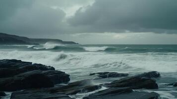 enfurecido oceano ondas dentro nublado clima, tormentoso mar generativo ai foto