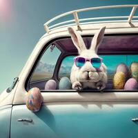 fofa Páscoa Coelho com oculos de sol olhando Fora do uma carro arquivado com Páscoa ovos ai generativo foto