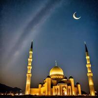 uma lindo realista mesquita com leitoso caminho galáxia e uma lua ilustração ai gerado foto