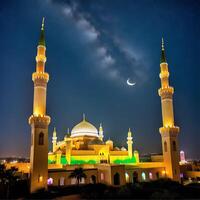 lindo majestoso mesquita às meia noite com crescente lua e leitoso caminho galáxia Visão ilustração ai gerado foto