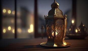 piedosos mês do Ramadã conceito. queimando, brilhando dourado lâmpada, generativo ai foto