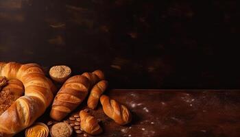 croissants e pão quadro, Armação com cópia de espaço. generativo ai foto