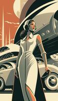 ilustração do mulher com futuro tecnologia dentro retro futurista 30s estilo poster , generativo ai foto