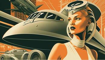 ilustração do mulher e transporte com futuro tecnologia dentro retro futurista 30s estilo poster , generativo ai foto