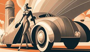 ilustração do mulher e transporte com futuro tecnologia dentro retro futurista 30s estilo poster , generativo ai foto