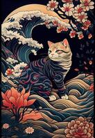 generativo ai ilustração do uma gato é explorando, japonês estilo padronizar fundo, pastel ilustração foto