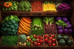 generativo ai ilustração do vegetal agricultor mercado contador colorida vários fresco orgânico saudável legumes às mercearia loja. saudável natural Comida conceito foto