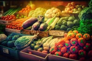 generativo ai ilustração do vegetal agricultor mercado contador colorida vários fresco orgânico saudável legumes às mercearia loja. saudável natural Comida conceito foto