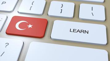aprender turco língua conceito. conectados estude cursos. botão com texto em teclado. 3d ilustração foto