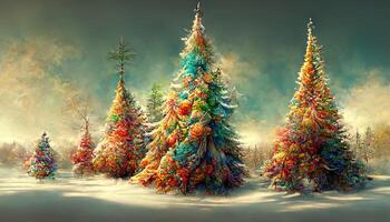 surpreendente decorado Natal árvores dentro inverno floresta Como papel de parede cabeçalho. generativo ai foto