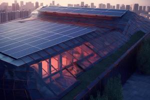 fotorrealista solar painéis instalado em a cobertura do uma moderno casa, enfatizando a usar do alternativo energia para uma sustentável futuro. foto