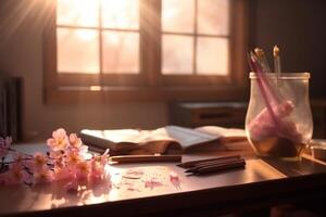 escola escrivaninha dentro uma classe quarto dentro suave manhã luz com Rosa sakura pétalas. gerado ai. foto