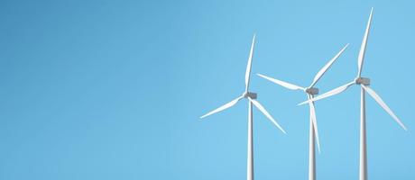 conceito do verde energia. moinho de vento ou vento turbina em azul fundo. 3d ilustração foto