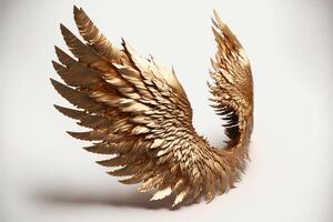 dourado anjo asas em uma branco fundo ouro penas. generativo ai foto