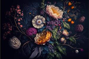 mão pintado flores Como uma exuberante padronizar óleo pintado foto. generativo ai foto