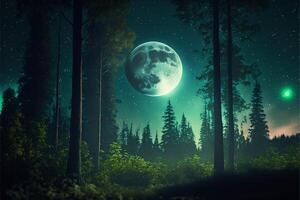 floresta com nascer da lua entre a árvores tarde céu lua. generativo ai foto
