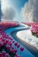 campo do Rosa tulipas coberto dentro neve. generativo ai. foto