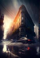 carro dirigindo baixa uma molhado rua Próximo para uma alta prédio. generativo ai. foto