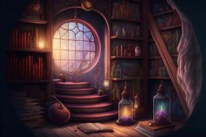 feiticeiros escola quarto mágico livros flutuando. generativo ai foto
