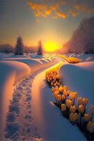 campo do tulipas dentro a neve às pôr do sol. generativo ai. foto