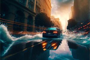 carro dirigindo através uma inundado cidade às noite. generativo ai. foto